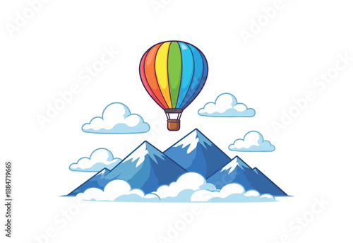 Flat vector illustration of hot air balloon over mountains silhouette and clouds isolated on pure white slightly style high quality no texture no grain