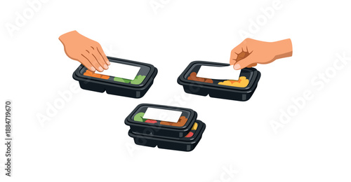Flat vector illustration of hands sealing meal prep containers with blank labels isolated on pure white slightly style high quality no texture no grain