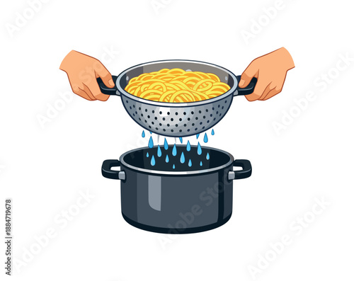 Flat vector illustration of hands draining pasta through colander over pot isolated on pure white slightly style high quality no texture no grain