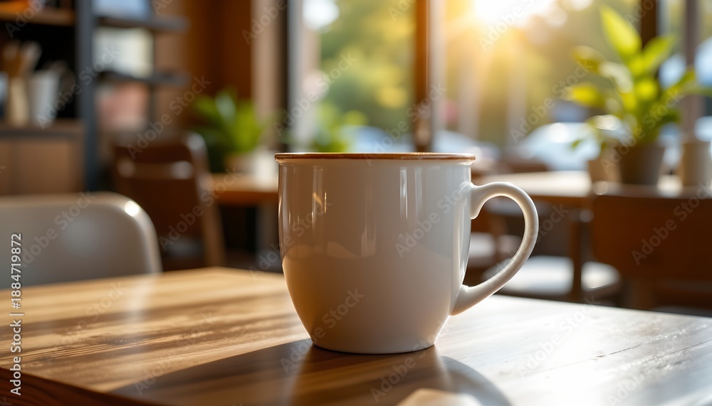 Fototapeta premium A plain white ceramic mug with a thin brown rim is centered on a wooden table, casting a faint shadow
