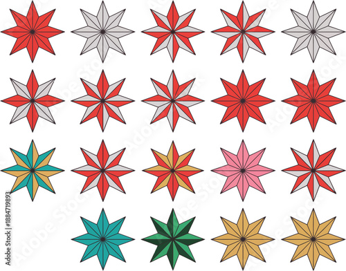 Collection of twelve-pointed starburst emblems in various colors