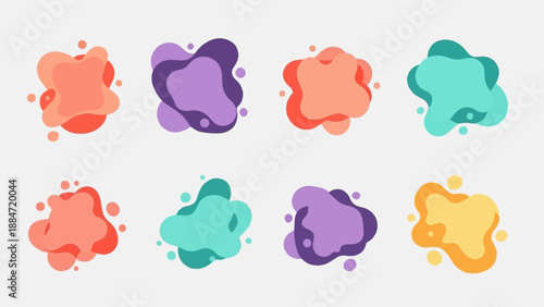 Eight abstract blobs in various pastel shades with layered depth
