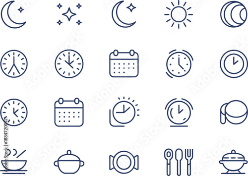 Collection of Outline Icons for Daily Schedules, Time Management, and Planning Activities