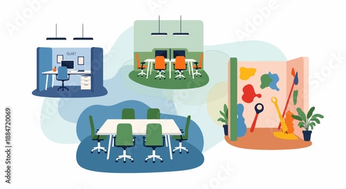 Modern office spaces featuring collaborative zones, meeting rooms, and recreational areas for employees