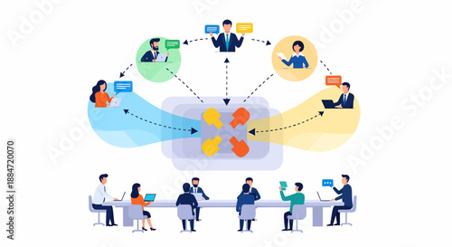 Illustration of a diverse group of people collaborating and communicating remotely through a central hub, signifying teamwork and connectivity