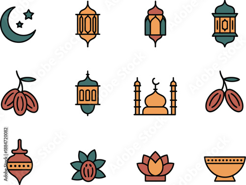 Ramadan Islamic Icons Set - Crescent Moon, Lanterns, Dates, Mosque