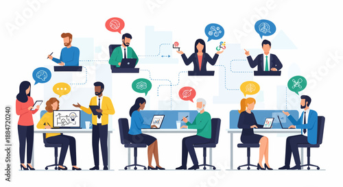 Collaborative work environment showcasing innovation and idea sharing with diverse professionals