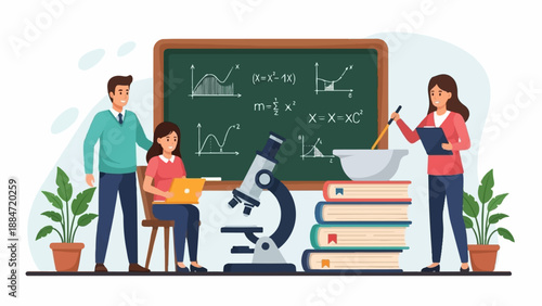 Educators and students engaged in a science and math lesson with a chalkboard