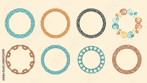 Eight ornate circular knot patterns in various earthy and muted colors