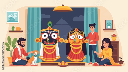 Family celebrates religious idols with a pet dog indoors