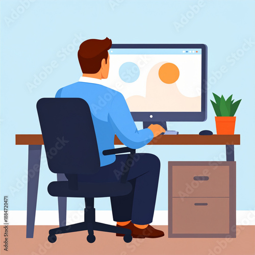 Business Illustration of Office Employee Using Desktop PC at Work, Symbolizing Professional Office Culture, Workflow and Computer-Based Tasks