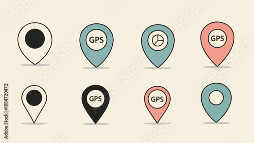 Eight stylized map pin icons in different colors and designs