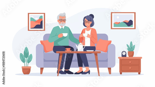 Elderly couple enjoys tea while sitting on a couch in a cozy living room