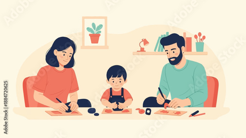 Family crafting together indoors on a table with art supplies