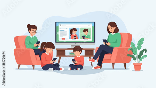 Family engrossed in their individual screens in a living room setting