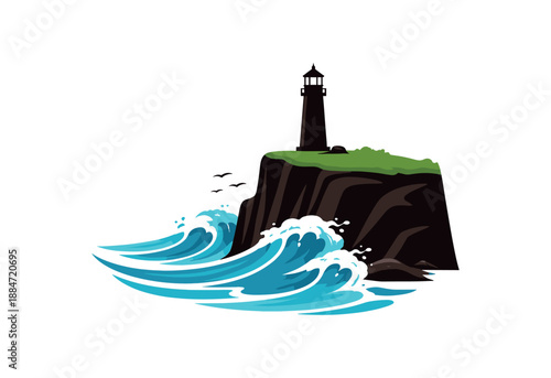 Flat vector illustration of coastal cliff with waves and lighthouse silhouette isolated on pure white slightly style high quality no texture no grain