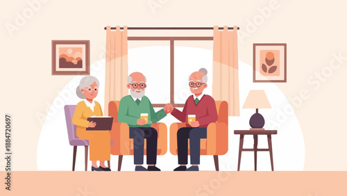 Elderly friends enjoying coffee and conversation in a cozy living room
