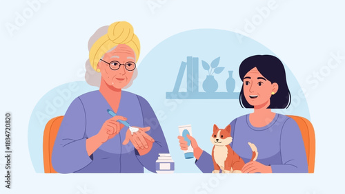 Elderly woman applies cream, young woman holds tube with dog