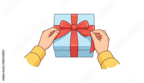 Flat vector illustration of hands tying ribbon around wrapped gift box isolated on pure white slightly style high quality no texture no grain