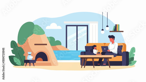 Family enjoying a relaxed day by the water, working and playing