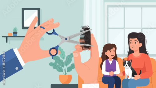 Family enjoying a pet's grooming session at home with a stylist