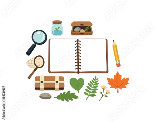 Flat vector illustration of nature journaling set with notebook as blank pages pencil pressed leaf shapes isolated on pure white slightly style high quality no texture no grain