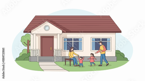 Family enjoying a sunny day outside their suburban home, playing together