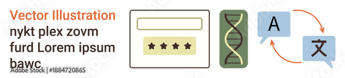 Data security, genetics, translation, authentication, communication, research. Forms for access verification, DNA strand and language translation symbols. Authentication and translation concept