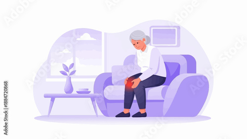 Elderly woman experiencing knee pain while sitting on a sofa