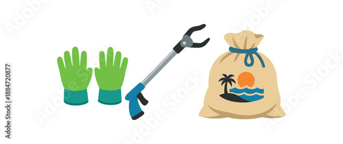 Flat vector illustration of beach cleanup kit with reusable gloves trash grabber and sack bag isolated on pure white slightly style high quality no texture no grain