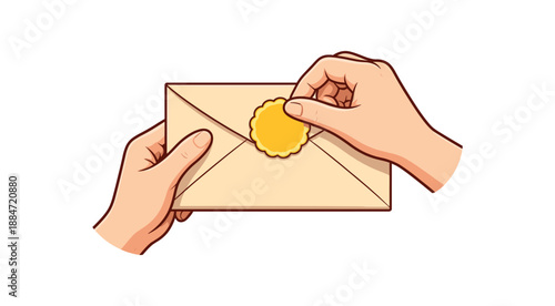 Flat vector illustration of hands sealing an envelope with sticker shape isolated on pure white slightly style high quality no texture no grain