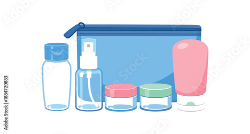 Flat vector illustration of reusable travel bottle set with toiletry bottles without labels and pouch isolated on pure white slightly style high quality no texture no grain