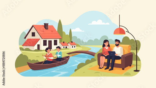 Family enjoying activities at home, boating, and relaxing indoors