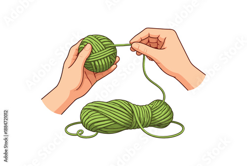 Flat vector illustration of hands winding yarn into ball from skein isolated on pure white slightly style high quality no texture no grain