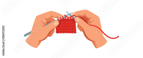 Flat vector illustration of hands knitting with two needles and small swatch isolated on pure white slightly style high quality no texture no grain