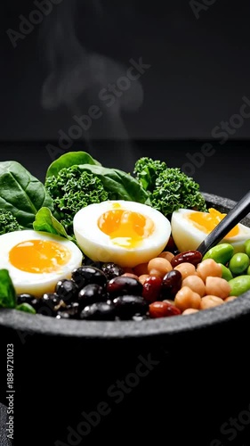 Healthy And Delicious Egg Bowl With Black Beans, Peas, And Spinach Presented Elegantly