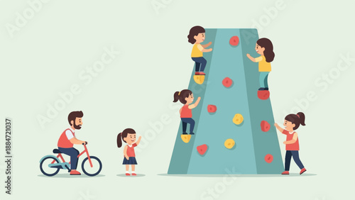 Family enjoying outdoor activities climbing and cycling