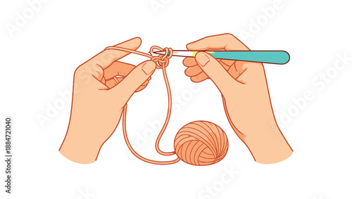 Flat vector illustration of hands crocheting with hook and yarn isolated on pure white slightly style high quality no texture no grain
