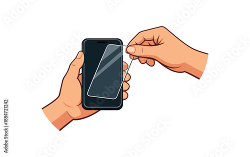 Flat vector illustration of hands applying screen protector to smartphone isolated on pure white slightly style high quality no texture no grain
