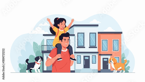 Father and child with dogs on shoulders in front of houses
