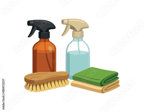 Flat vector illustration of sustainable cleaning kit with spray bottles without labels brush and reusable cloths isolated on pure white slightly style high quality no texture no grain