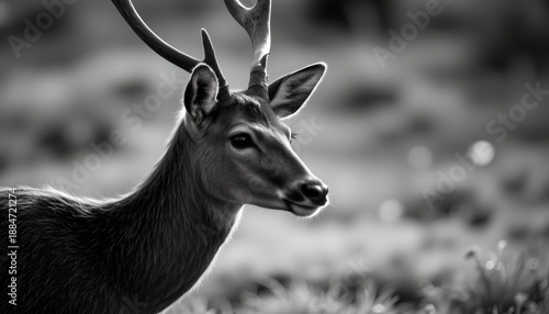 A majestic deer with antlers stands in a natural, outdoor setting. The image captures the side profile of the deer, highlighting its slender neck and detailed facial features