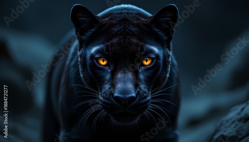 A sleek black panther with piercing amber eyes is captured in a close up shot, its intense gaze directed forward
