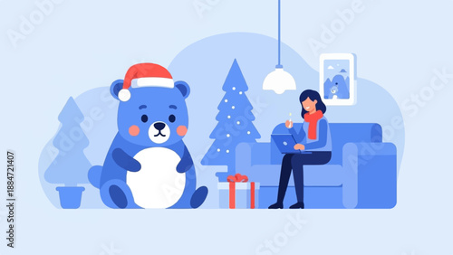 Festive blue bear with Santa hat sits by Christmas tree near woman on couch with laptop