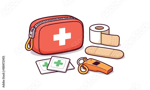 Flat vector illustration of minimalist first aid outdoor kit with small pouch silhouette bandage shapes and whistle isolated on pure white slightly style high quality no texture no grain