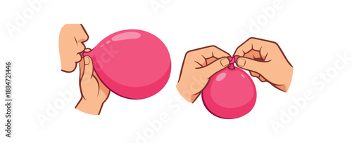 Flat vector illustration of hands blowing up balloon and tying knot isolated on pure white slightly style high quality no texture no grain