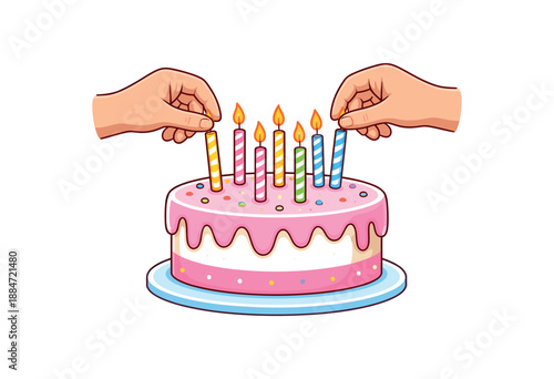 Flat vector illustration of hands placing candles into cake top isolated on pure white slightly style high quality no texture no grain