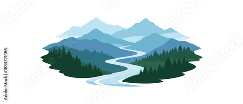 Flat vector illustration of layered mountain silhouettes with winding river isolated on pure white slightly style high quality no texture no grain