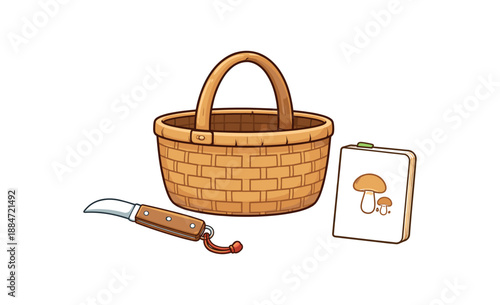 Flat vector illustration of mushroom foraging kit with woven basket silhouette small knife and field guide as blank shape isolated on pure white slightly style high quality no texture no