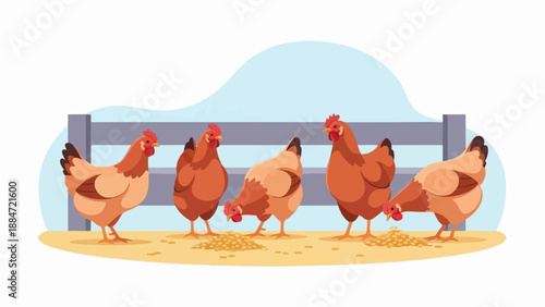 Five chickens pecking grain in a simple farmyard scene